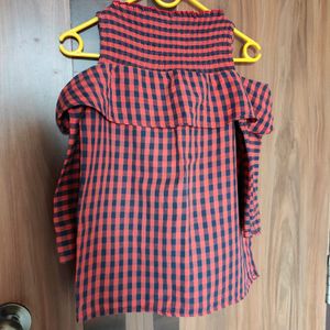 Rust Orange Checked Cold Shoulder Top(Women)