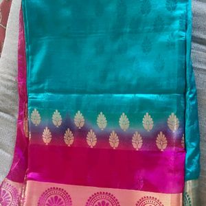 Pink, Blue Colour Saree With Pink Stitch Blouse