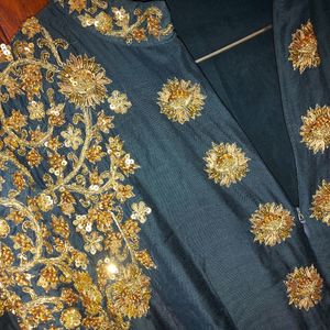 Navy Blue Chinon Handwork Straight Gown