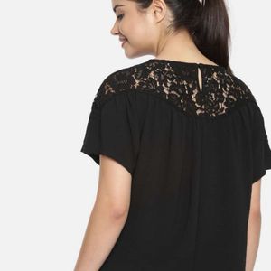 Women Black Solid Top With Lace At Neck