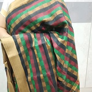 Black Checked Saree With Tissue Border