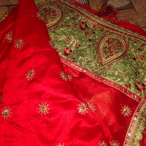 Heavy Festive Wear Red And Green Saree