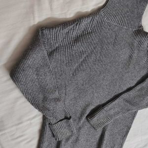 Women Grey Long Ribbed High Neck Sweater Dress