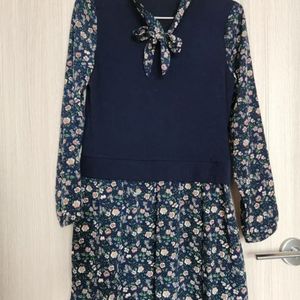 Navy Blue With Floral White And Green Dress