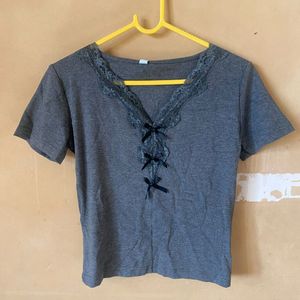 Grey Lace V Neck Top