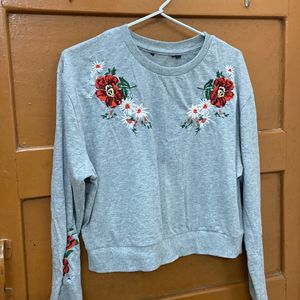 Grey Top With Flower Embroidery- M