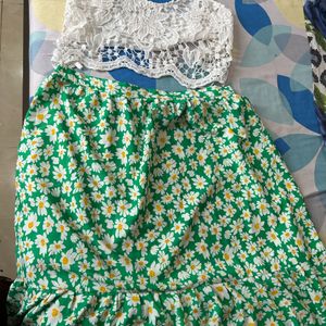 Women White Crop Top And Green Printed Skirt