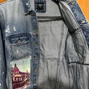 NUON PRINTED DISTRESSED BLUE  DENIM JACKET