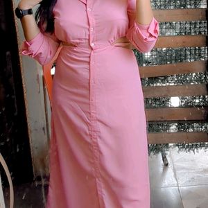 Pink Cuffed Sleeves Cut-Out Shirt Style Midi Drss