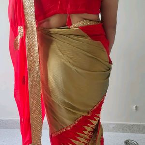 Party Wear Saare Combination Of Golden & Red