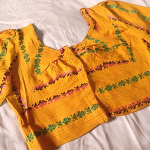 Women Yellow Thread Work Embroidery Blouses Cotton