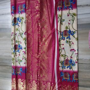 Dola Print Foil Design Cream With Pink Saree