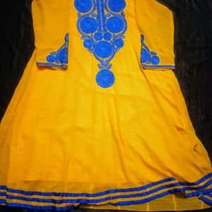 Yellow With Blue Combination Anarkali Suit