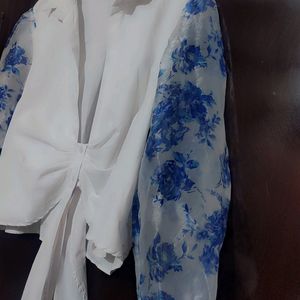 White Top Blue Floral Print Sleeves For 42 Bust