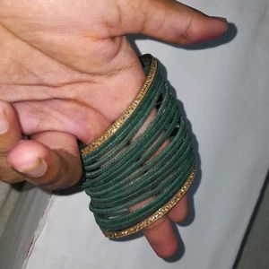 14 Pcs Of Velvet Green Bangles With 2 Kangans