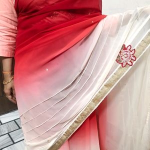 Woww Red Shady Saree With Patchwork