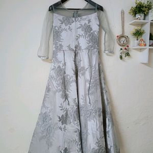 Half Sleeve Round Neck Embroidered Grey Gown