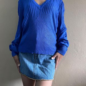 Blue V-neck Puff Sleeve Sweater 🎀