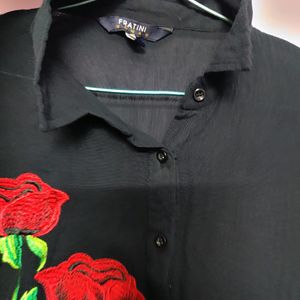 Black Full Sleeves Shirt With Rose Applique