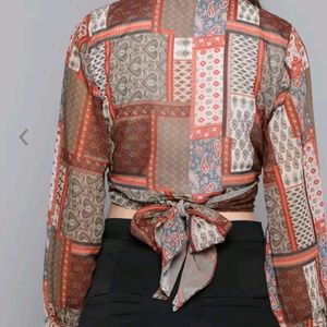 Brown And Red Geometric Printed Wrap Crop Top