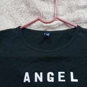 Girls Black Crop Top With Angel Written On It.