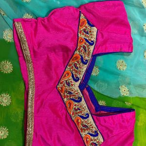 Cyan Blue And Parrot Green Colour Chiffon Saree