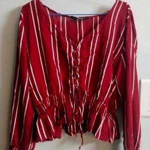 Viveza Striped Print Shirred Peplum Blouse