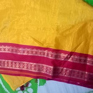 Mango Yellow And Pink Border Saree With Blouse