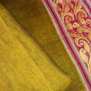 100% Handwoven Cotton Silk Saree In Olive Color