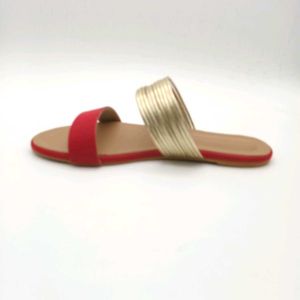 Red And Gold Flat Sandals.