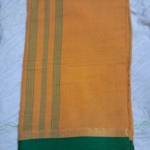 Orange Beautiful Saree - Golden Print Green Strip