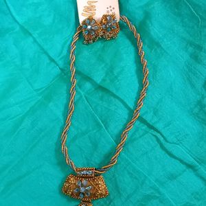 Light Blue & Golden Work Necklace With Earrings - Not Used