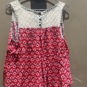 Red A Line Top With White Net Neckline