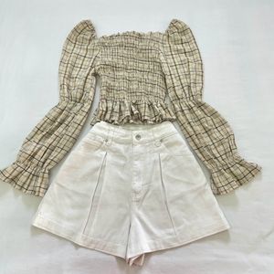 Princess Sleeves Beige Fitted Frills Top