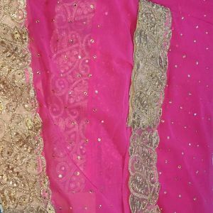 Pink Saree With Golden Bolder And Goldeen Dots