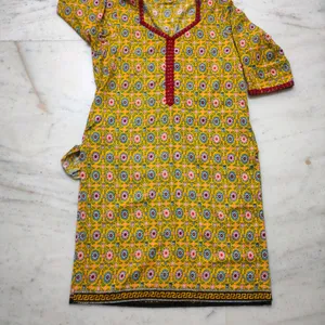 Yellow 5 Corner Shape Neck Kurta Set