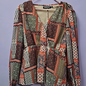 Brown And Orange Abstract Floral Printed Top