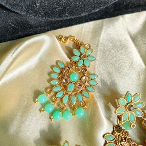 Ethnic Mint Light Green Earrings With Mangtika