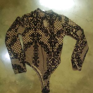 Black and beige Floral Design Bodysuit