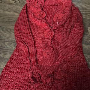 Red Long Woollen Cardigan