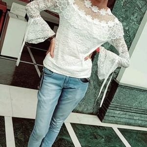 Net White Bell sleeve top (bust upto 36)