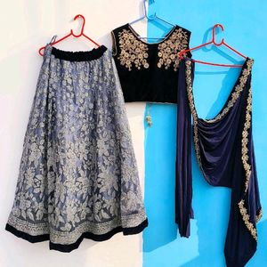 Heavy Party Wear Lahanga Grey And Navy Blue Colour