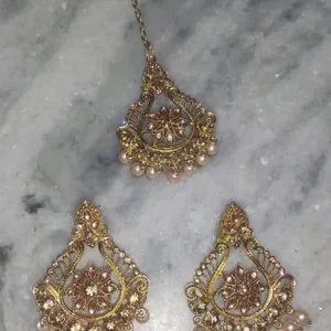 Kundan and Pearl Golden Earring Mangtika Set