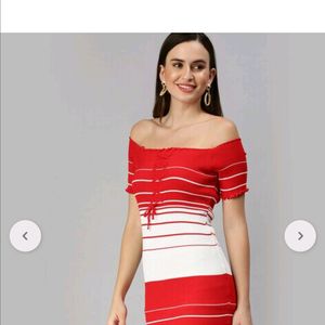 SHOWOFF Bodycon Dress with Off-Shoulders Red White