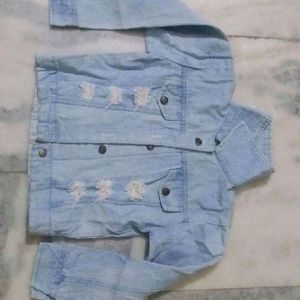 Women Blue Torn Denim Jacket