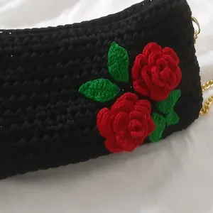 Crochet Black Bag With Red Roses