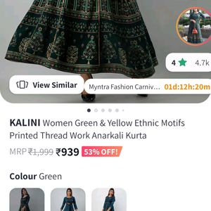 Women Green Ethnic  Thread Work Anarkali Kurt