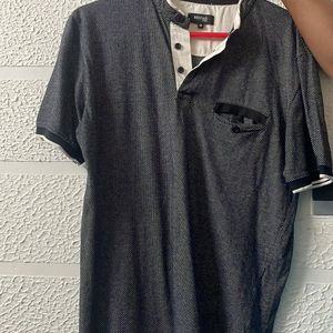 REDTAG Collared Black And White T-shirt Men