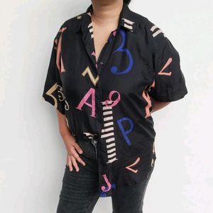 Alphabet and Numbers print fun button shirt