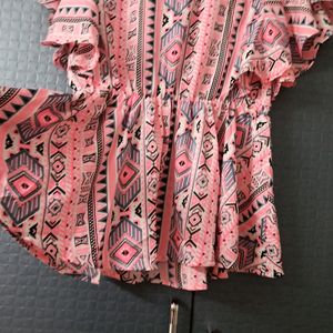 Baby Pink Printed Flared Top With Butterfly Sleeves